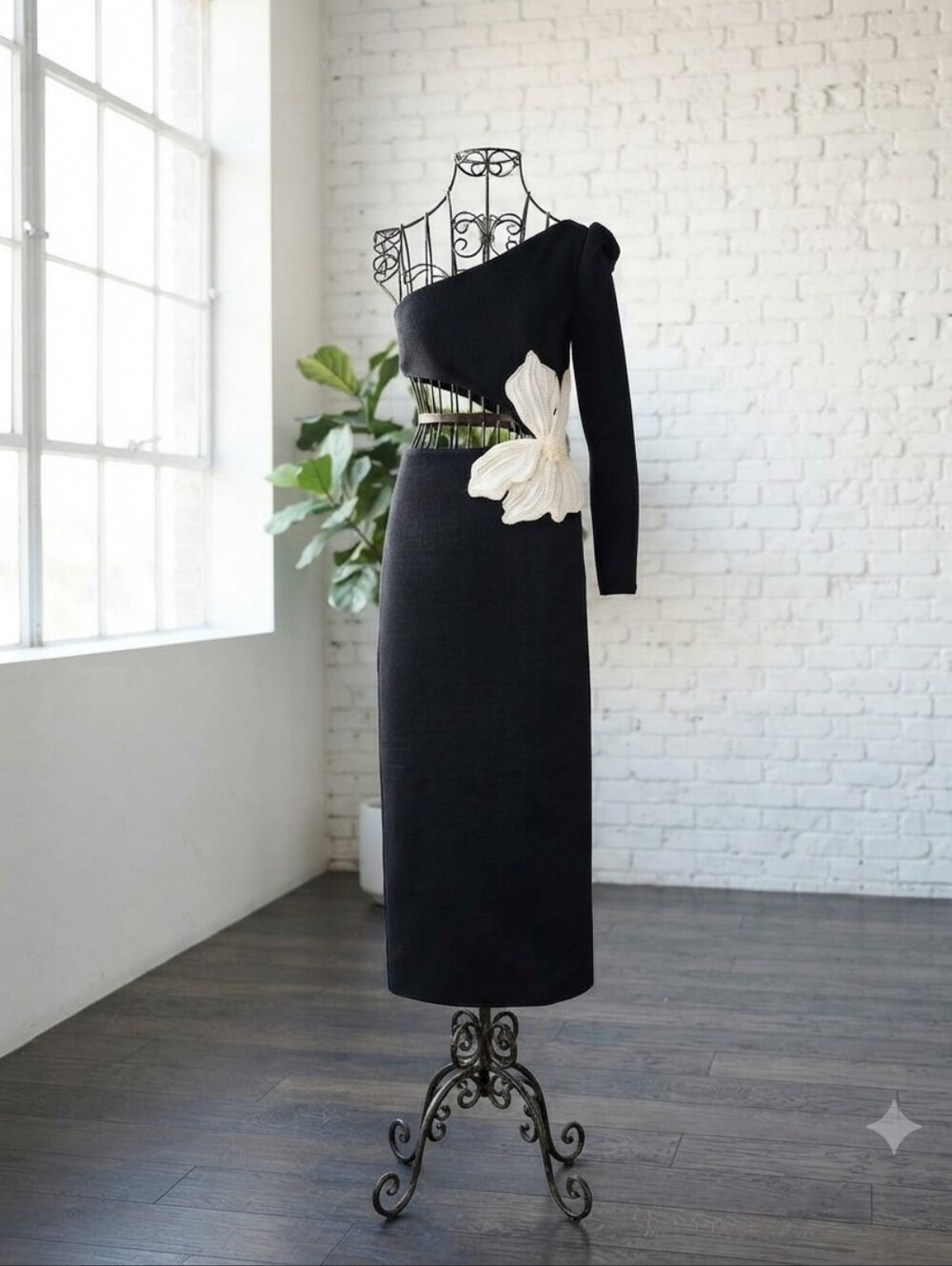 BCBGMax Black One-Shoulder Dress with White Floral Appliqué Size LARGE
